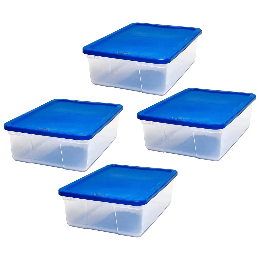 Homz 28 Qt Snaplock Clear Plastic Storage Container Bin with Lid, Blue (4 Pack)