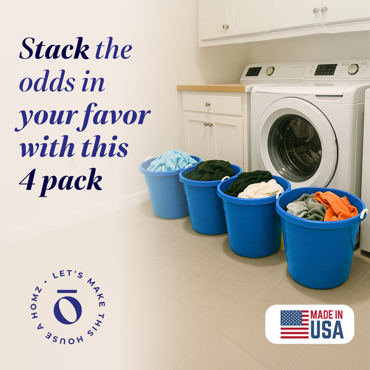 Homz 17 Gallon Indoor Outdoor Storage Bucket with Rope Handles, Blue (4 Pack)