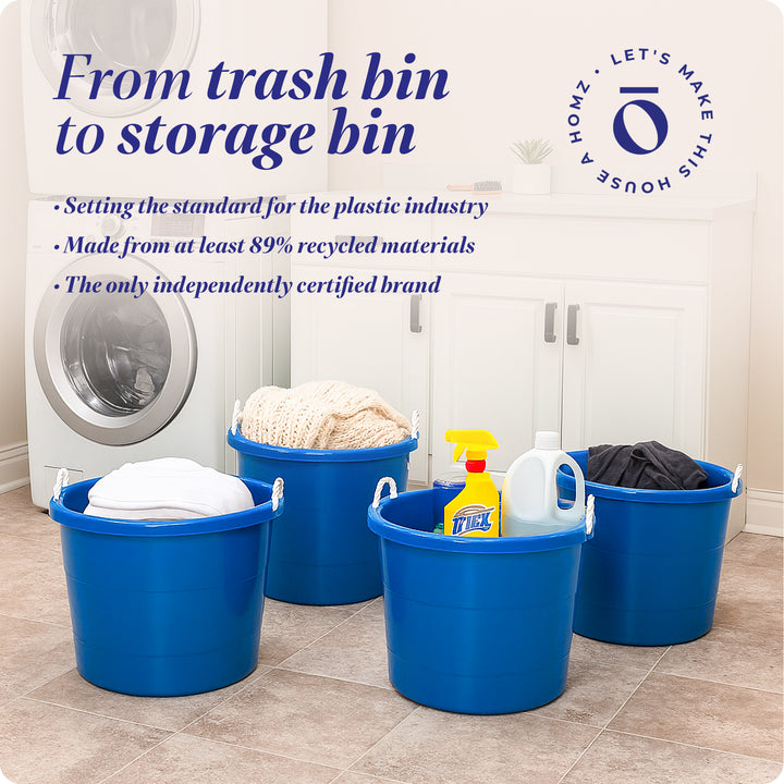 Homz 17 Gallon Indoor Outdoor Storage Bucket with Rope Handles, Blue (4 Pack)