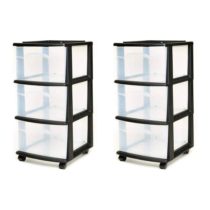 Homz Plastic 3 Drawer Medium Storage Tower, Clear Drawers & Black Frame (2 Pack)