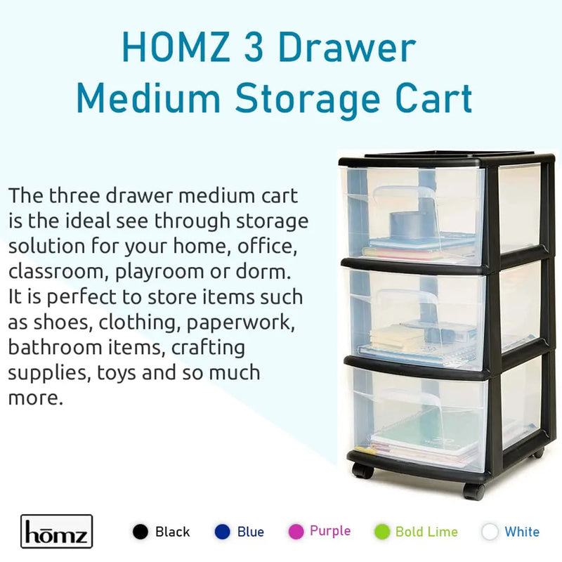 Homz Plastic 3 Drawer Medium Storage Tower, Clear Drawers & Black Frame (2 Pack)