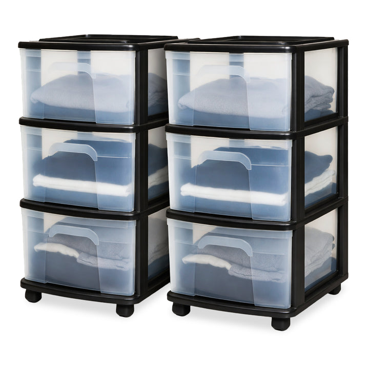 Homz Plastic 3 Drawer Medium Storage Tower, Clear Drawers & Black Frame (2 Pack) - VMInnovations