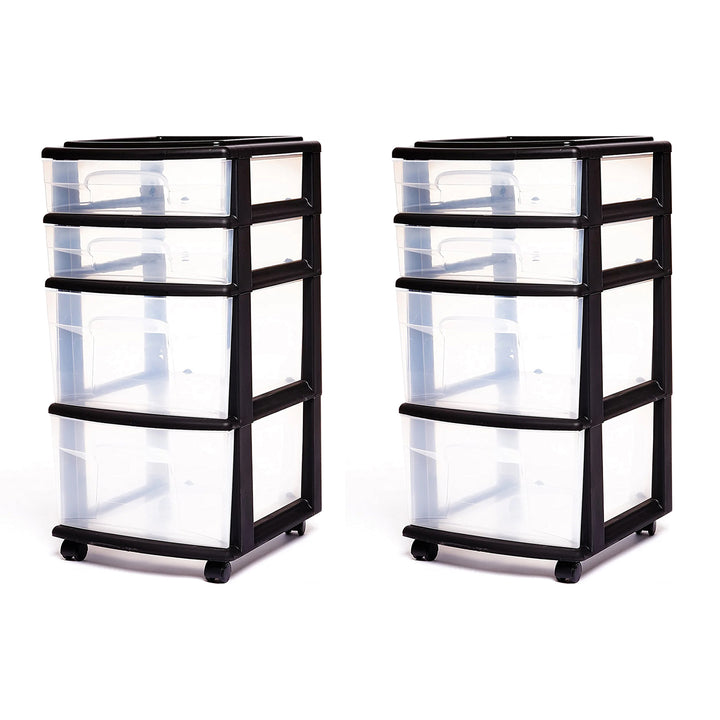 Homz Plastic 4 Drawer Medium Storage Tower, Clear Drawers & Black Frame (2 Pack)