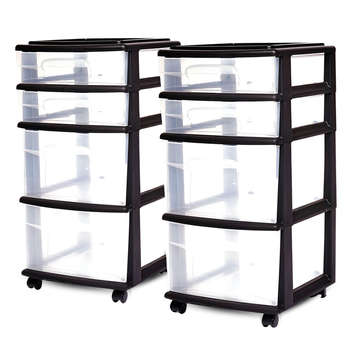 Homz Plastic 4 Drawer Medium Storage Tower, Clear Drawers & Black Frame (2 Pack)