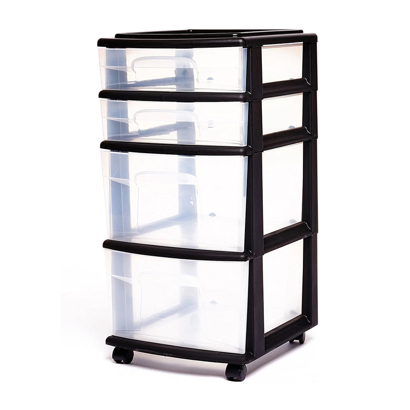 Homz Plastic 4 Drawer Medium Storage Tower, Clear Drawers & Black Frame (2 Pack)