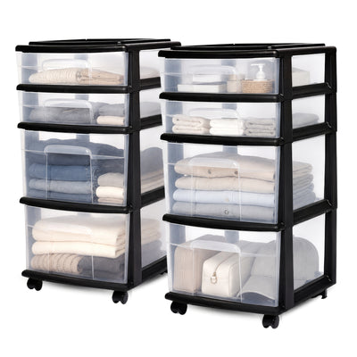 Homz Plastic 4 Drawer Medium Storage Tower, Clear Drawers & Black Frame (2 Pack)