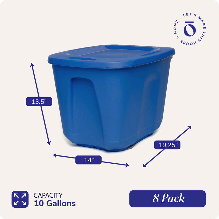 HOMZ 10 Gallon Heavy Duty Plastic Storage Container Bin, Capri Blue (8 Pack)