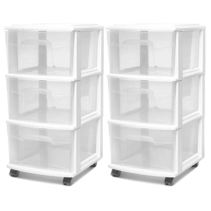 Homz Plastic 3 Drawer Medium Storage Tower, Clear Drawers/White Frame (2 Pack)