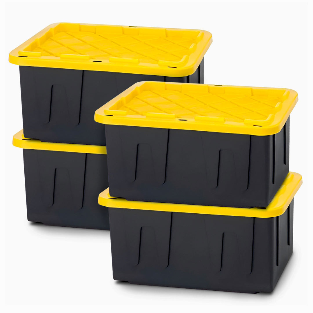 Homz 15 Gallon Durabilt Storage Container with Snap Lid, Black/Yellow (4 Pack)