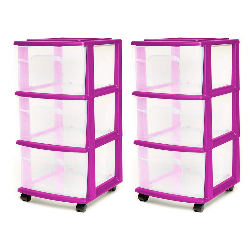 Homz Plastic 3 Drawer Medium Storage Container Tower, Purple Frame (2 Pack)