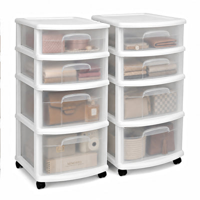 Homz Clear Plastic 4 Drawer Medium Storage Container Tower, White Frame (2 Pack)