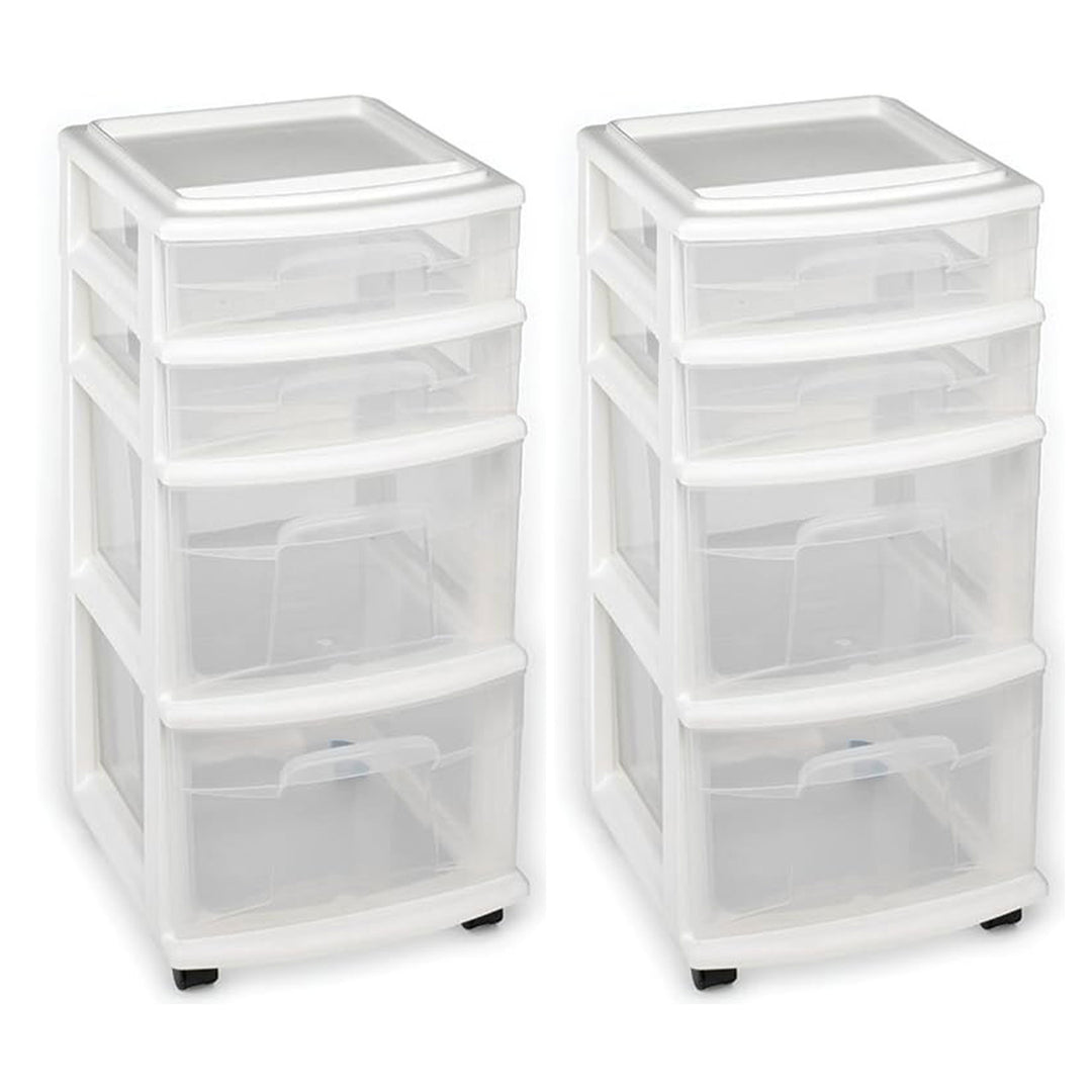 Homz Clear Plastic 4 Drawer Medium Storage Container Tower, White Frame (2 Pack)