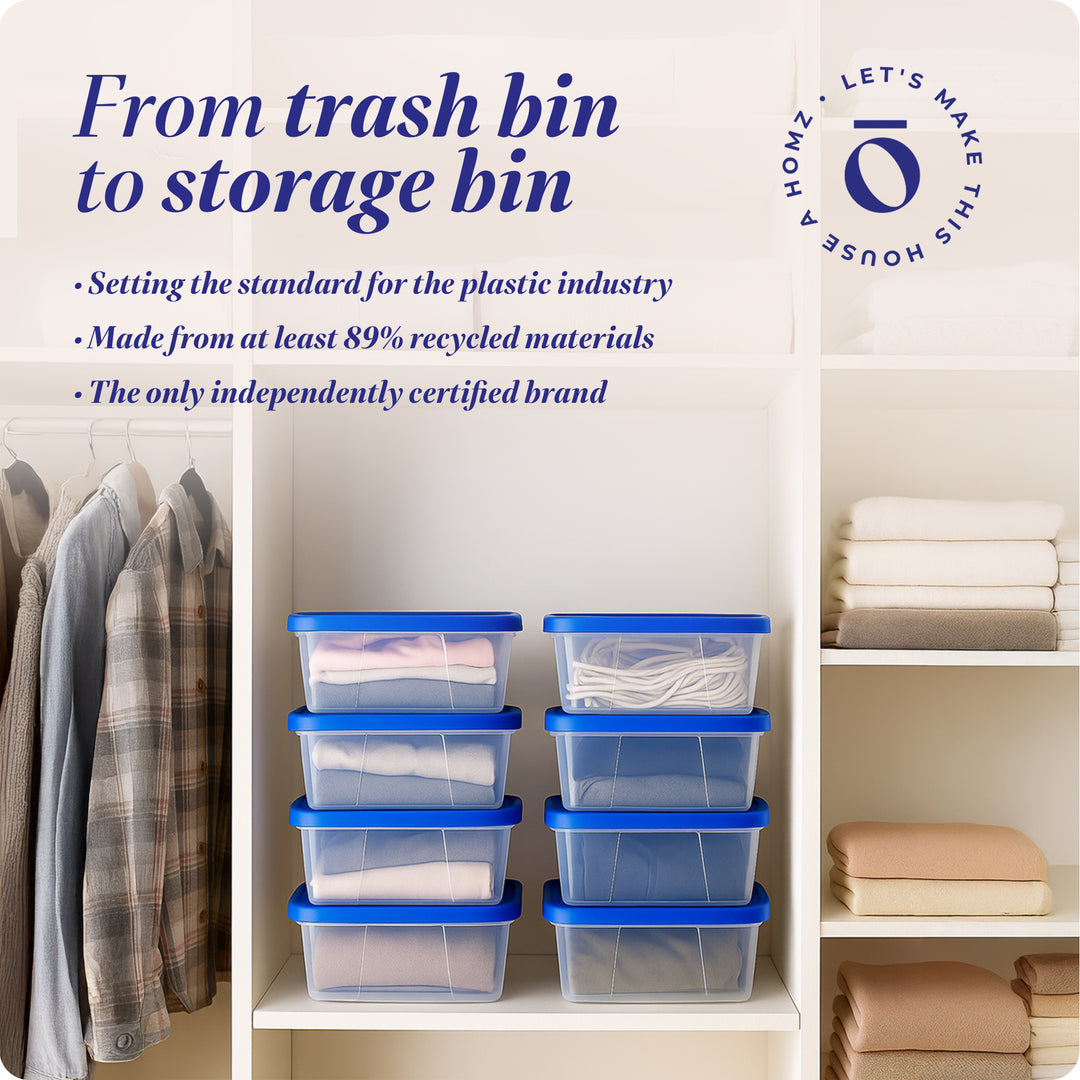 Homz 12 Qt Stackable Plastic Storage Container w/ Snaplock Lid, Blue (8 Pack) - VMInnovations