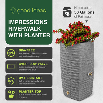 Good Ideas Impressions Riverwalk 50 Gal Rain Saver with Spigots, Dark Granite