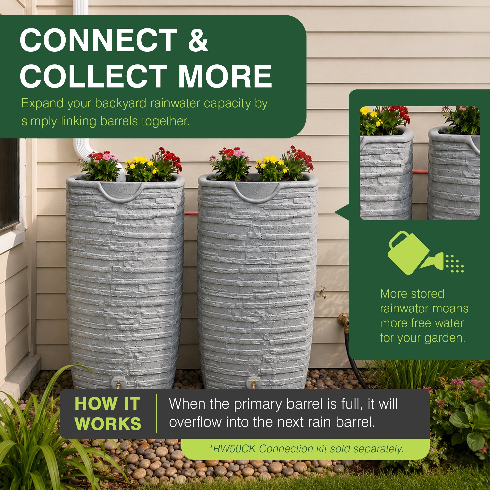 Good Ideas Impressions Riverwalk 50 Gal Rain Saver with Spigots, Dark Granite