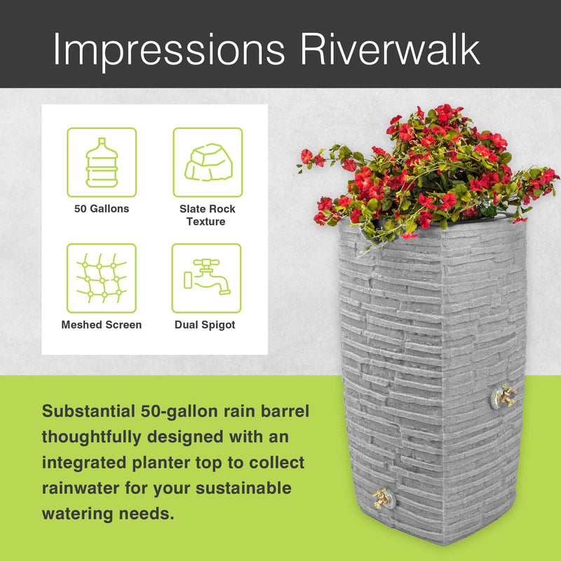 Good Ideas Impressions Riverwalk 50 Gal Rain Saver with Spigots, Dark Granite