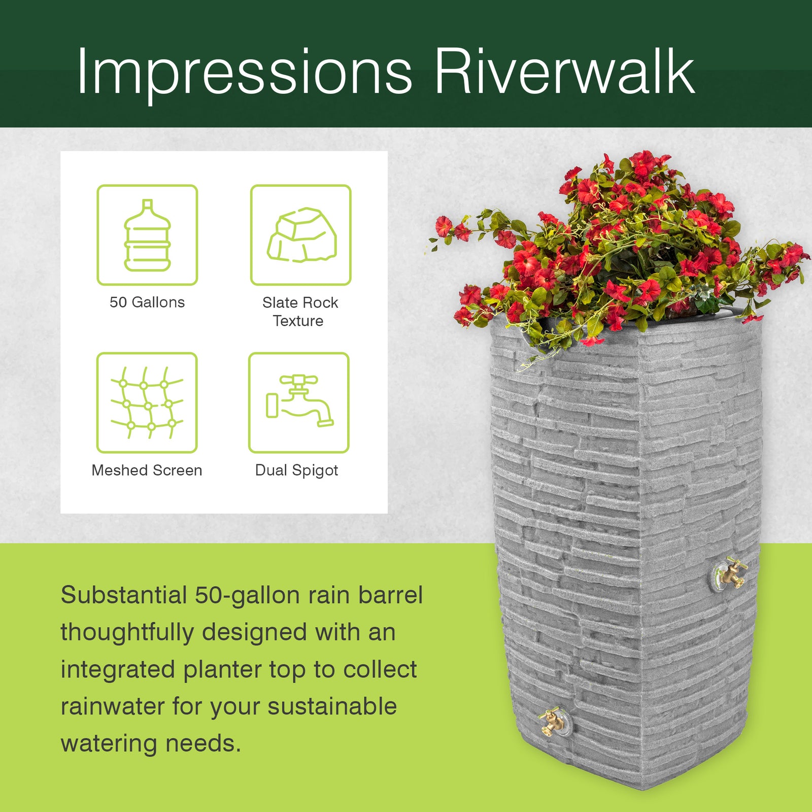 Good Ideas Impressions Riverwalk 50 Gal Rain Saver w/Spigots, Dark Granite(Used) - VMInnovations
