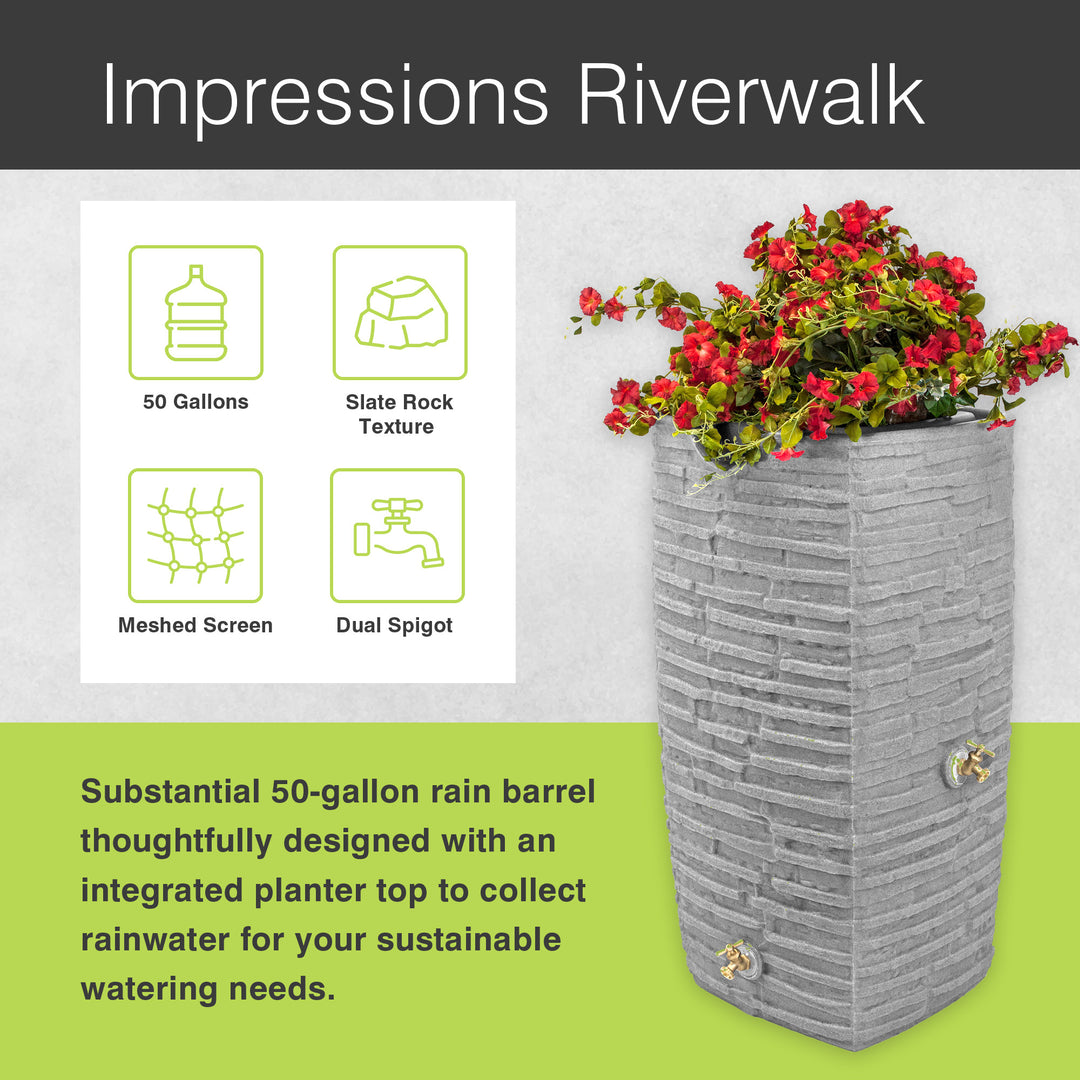 Good Ideas Impressions Riverwalk 50 Gallon Rain Barrel, Light Granite & 50' Hose