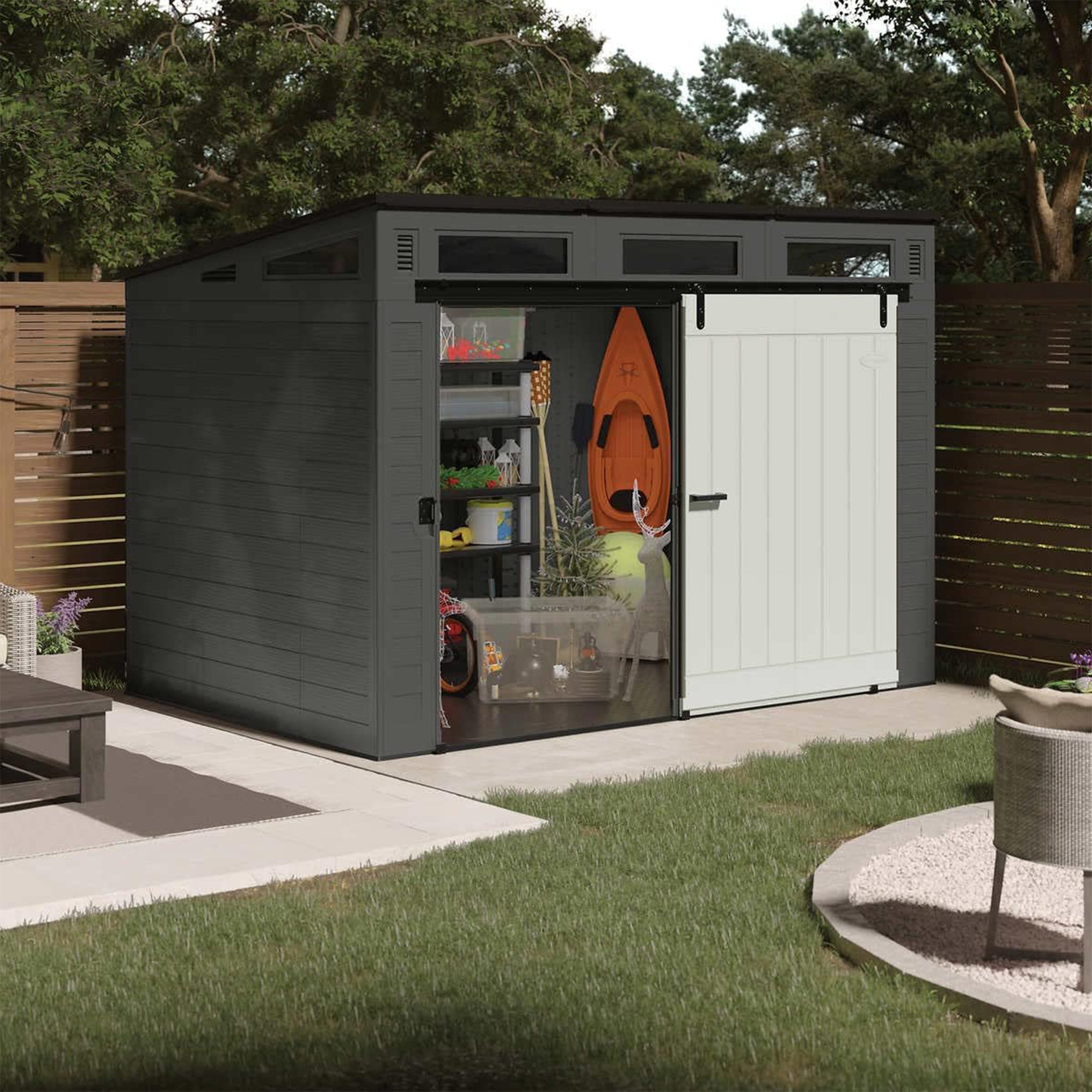 Suncast Modernist 10 Foot x 7 Foot Barn Door Outdoor Garden Storage Shed, Grey
