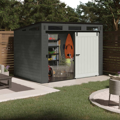 Suncast Modernist 10 Foot x 7 Foot Barn Door Outdoor Garden Storage Shed, Grey
