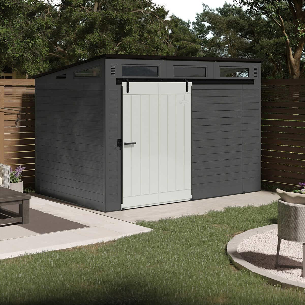 Suncast Modernist 10 Foot x 7 Foot Barn Door Outdoor Garden Storage Shed, Grey