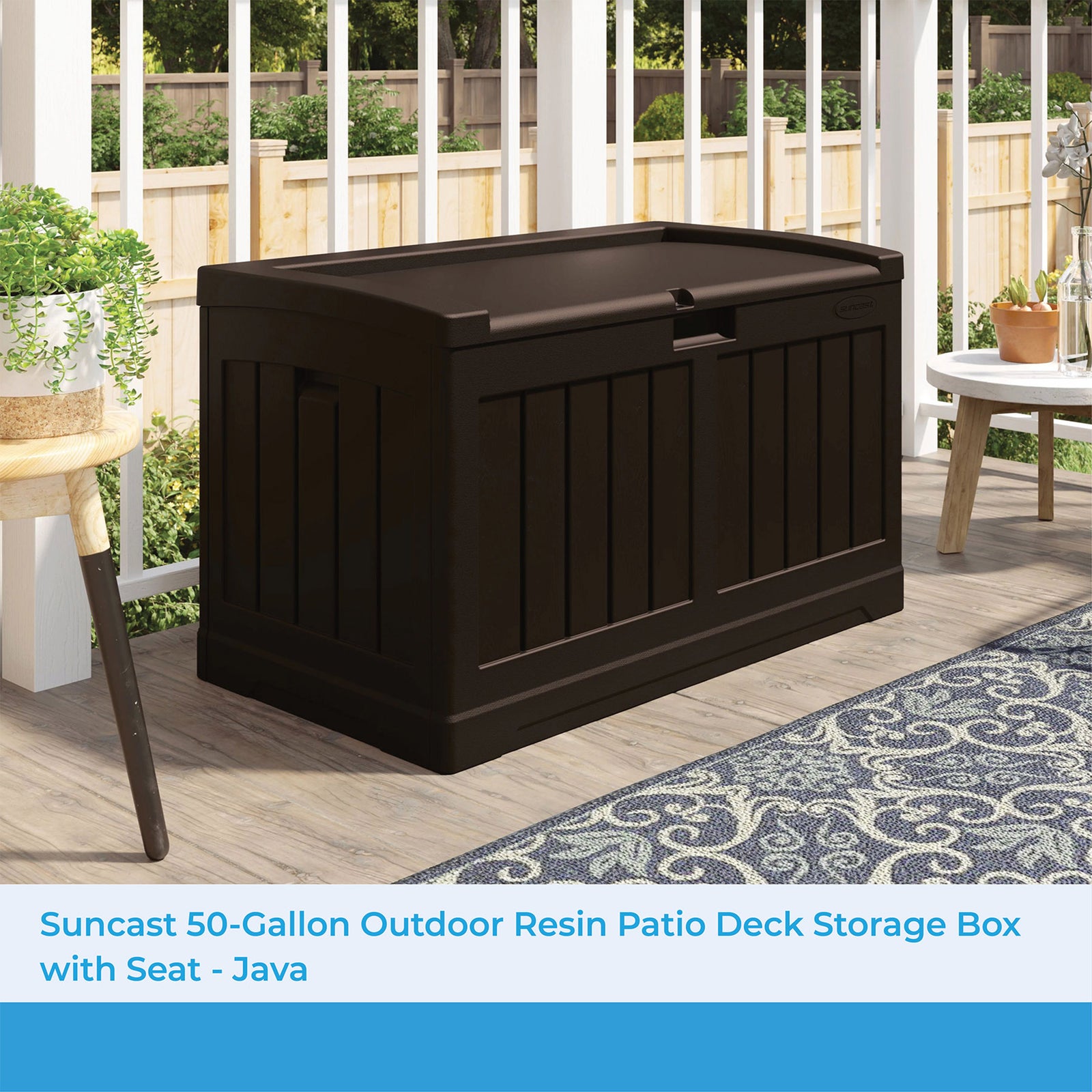 Suncast 50 Gallon Medium Capacity Resin Outdoor Storage Deck Box with Seat, Java - VMInnovations