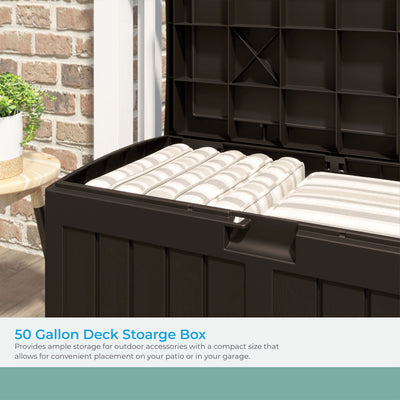 Suncast 50 Gallon Medium Capacity Resin Outdoor Storage Deck Box with Seat, Java - VMInnovations