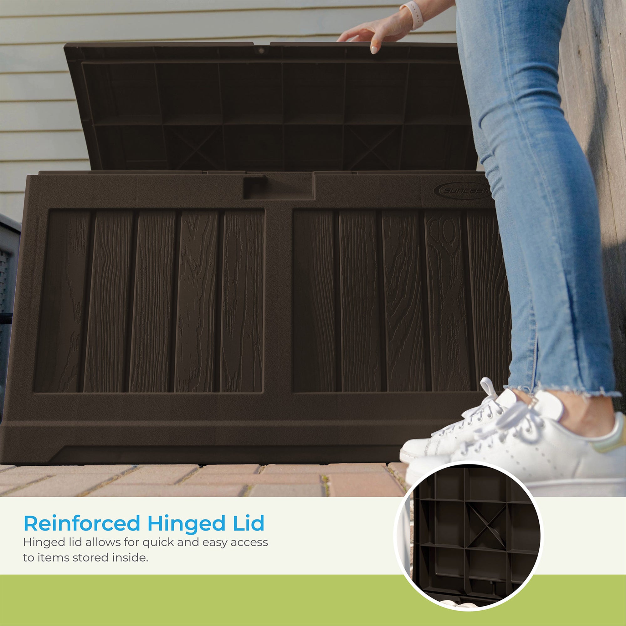 Suncast 50 Gallon Medium Capacity Resin Outdoor Storage Deck Box with Seat, Java - VMInnovations