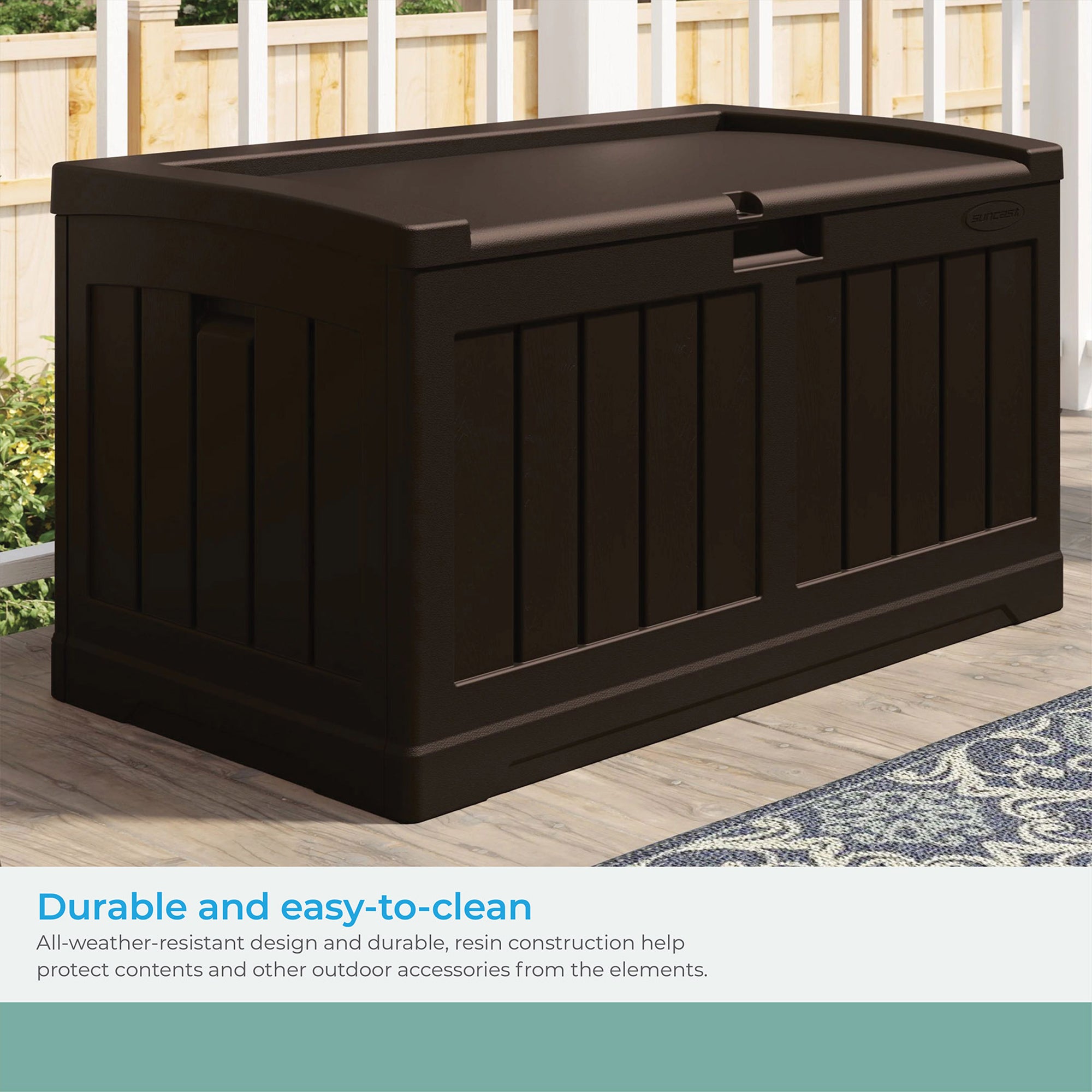 Suncast 50 Gallon Medium Capacity Resin Outdoor Storage Deck Box with Seat, Java - VMInnovations