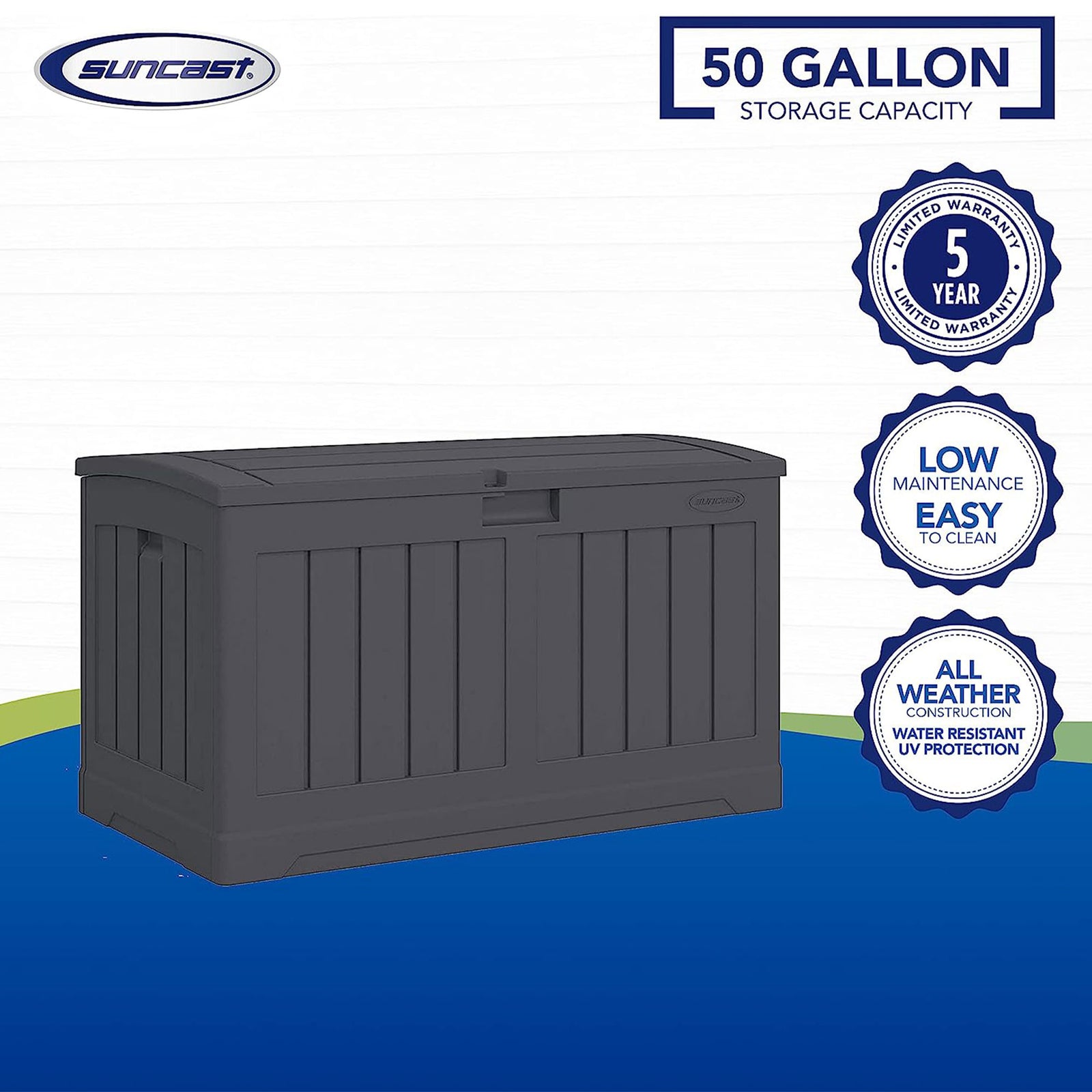 Suncast 50 Gallon Medium Resin Outdoor Storage Deck Box with Lid, Peppercorn - VMInnovations
