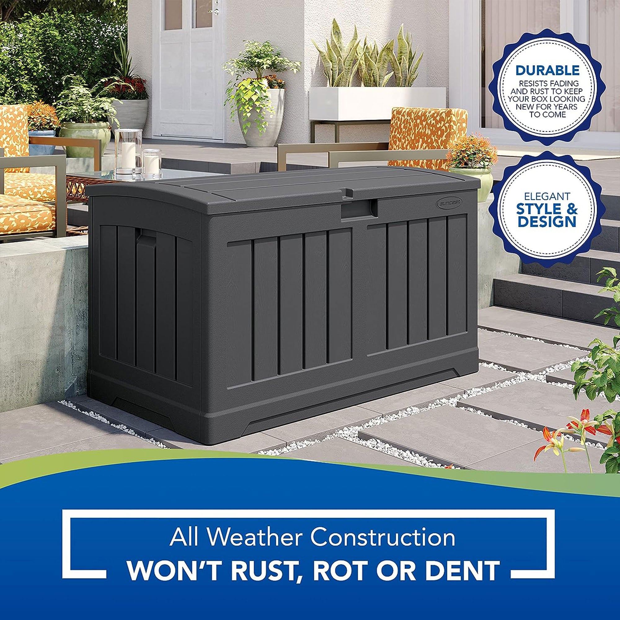 Suncast 50 Gallon Medium Resin Outdoor Storage Deck Box with Lid, Peppercorn - VMInnovations