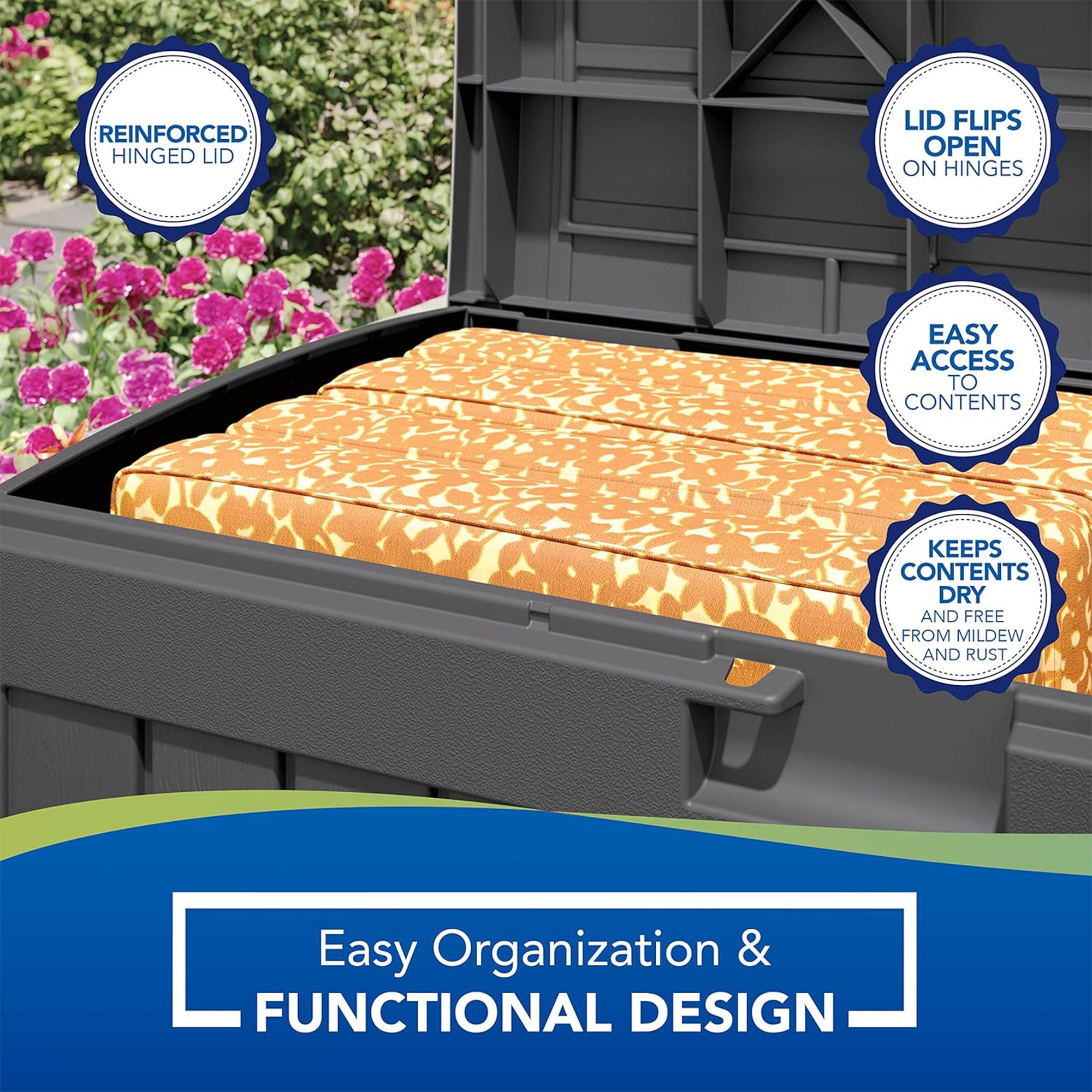 Suncast 50 Gallon Medium Resin Outdoor Storage Deck Box with Lid, Peppercorn - VMInnovations