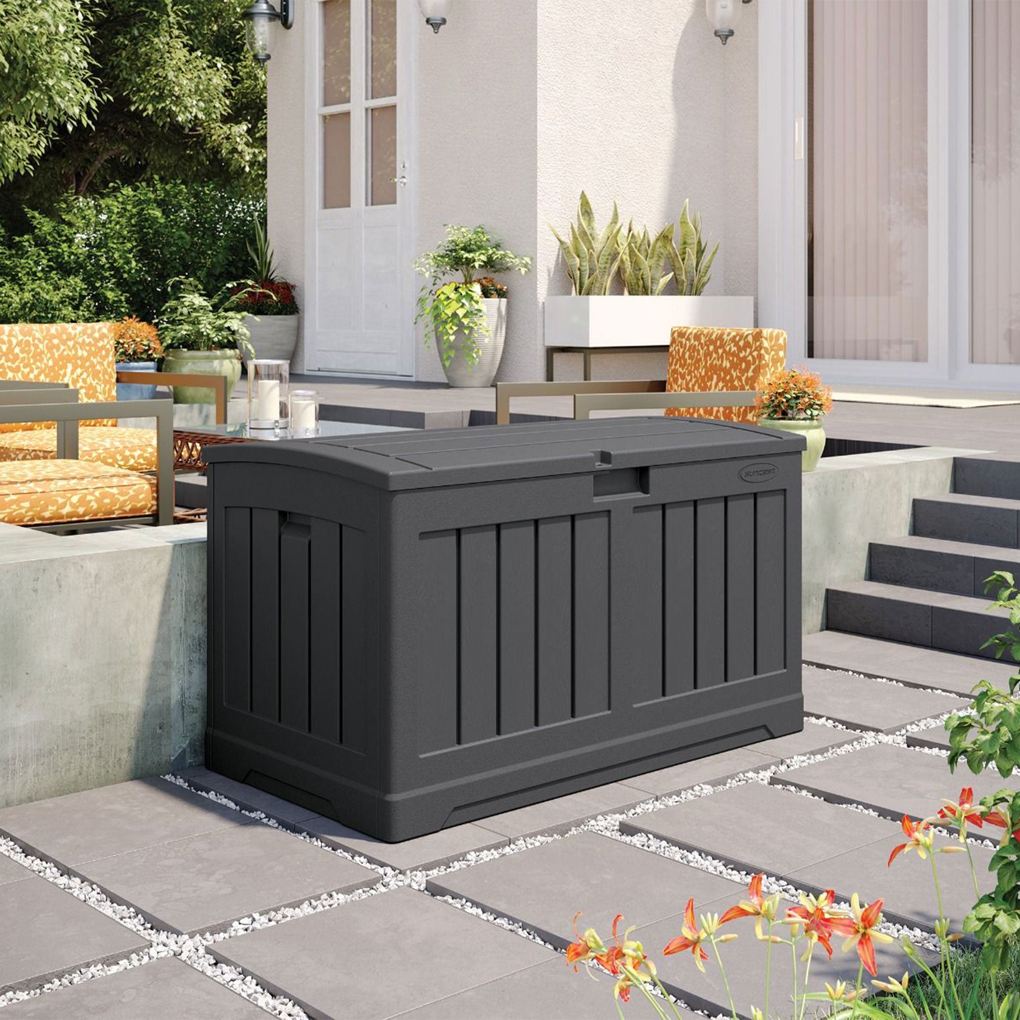 Suncast 50 Gallon Medium Resin Outdoor Storage Deck Box with Lid, Peppercorn - VMInnovations