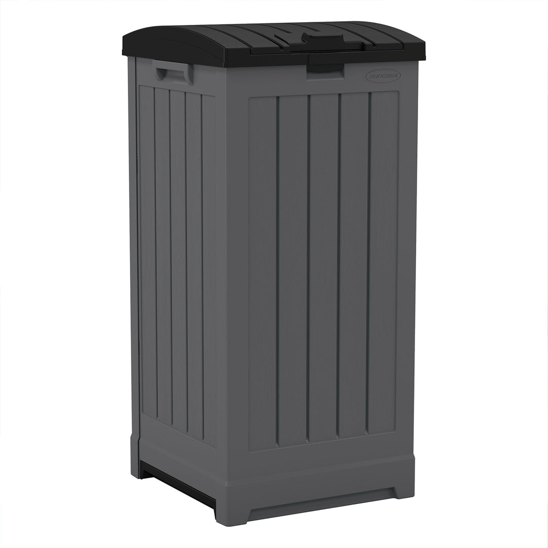 Suncast Trash Hideaway 39 Gallon Outdoor Trash Can Patio Waste Bin, Peppercorn