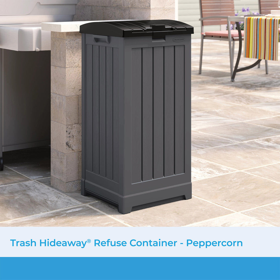 Suncast Trash Hideaway 39 Gallon Outdoor Trash Can Patio Waste Bin, Peppercorn