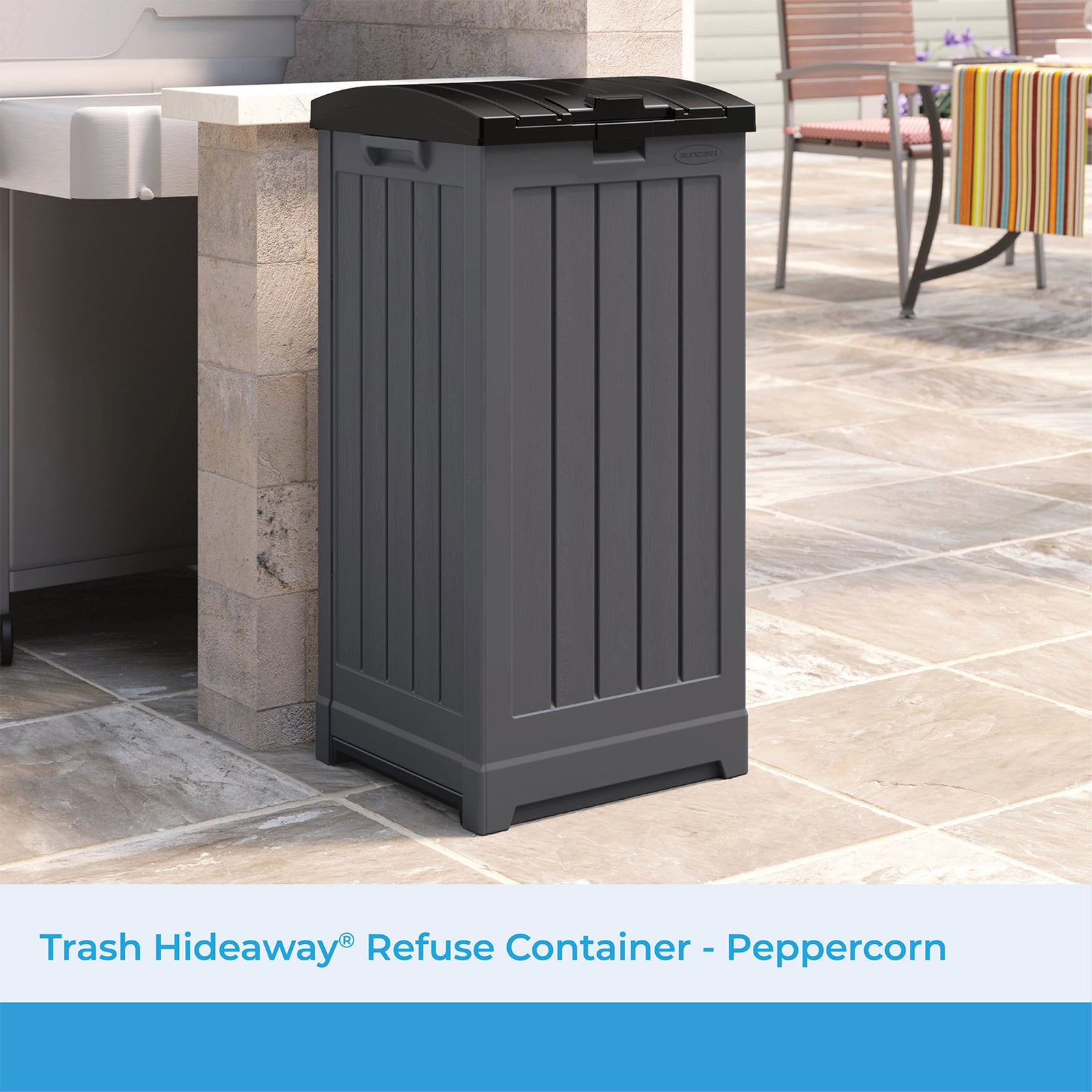 Suncast Trash Hideaway 39 Gallon Outdoor Trash Can Patio Waste Bin, Peppercorn - VMInnovations