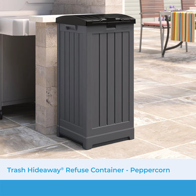 Suncast Trash Hideaway 39 Gallon Outdoor Trash Can Patio Waste Bin, Peppercorn - VMInnovations