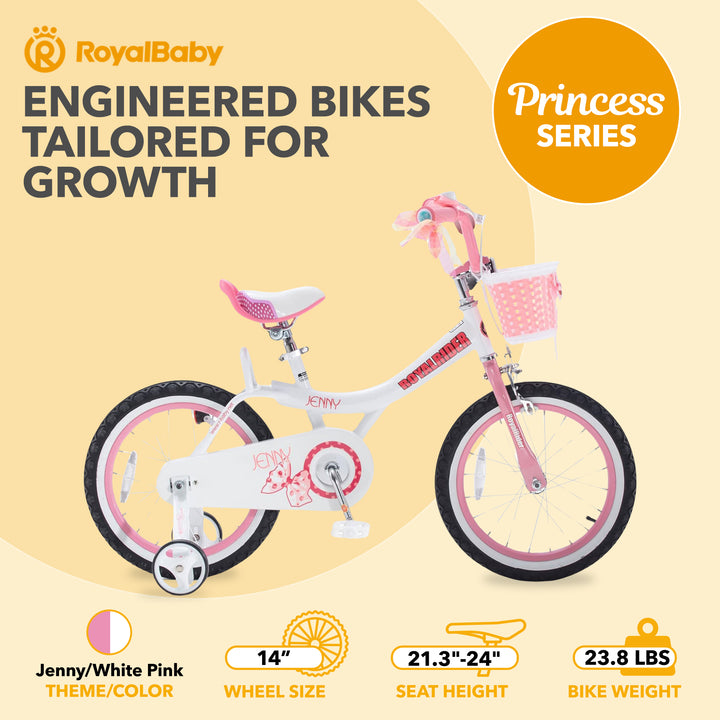 RoyalBaby Princess Kids Bicycle 14" Training Wheels, Jenny/White Pink (Open Box)