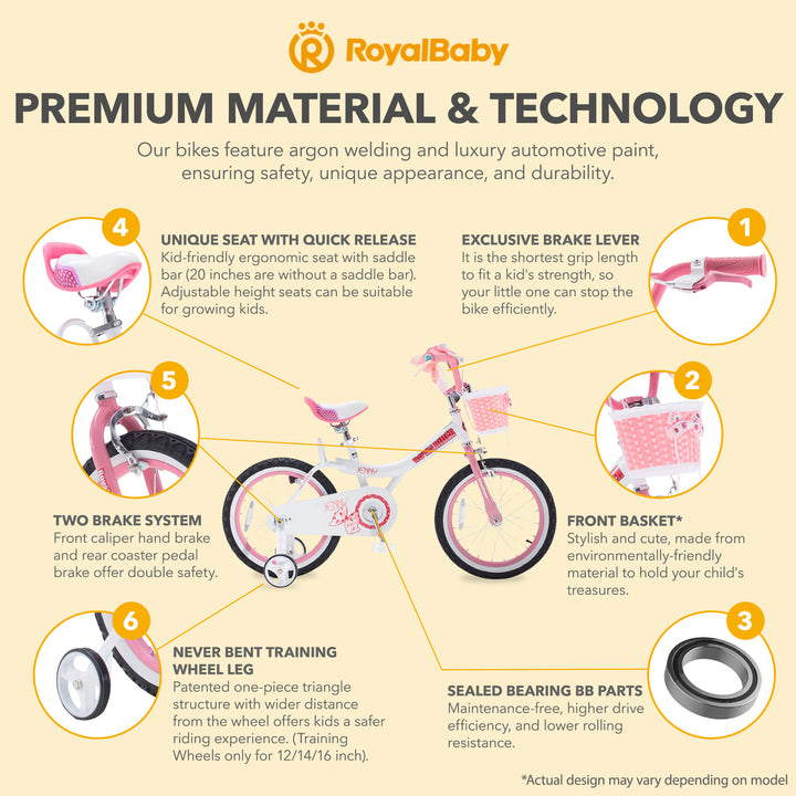 RoyalBaby Princess Kids Bicycle 14" Training Wheels, Jenny/White Pink (Open Box)