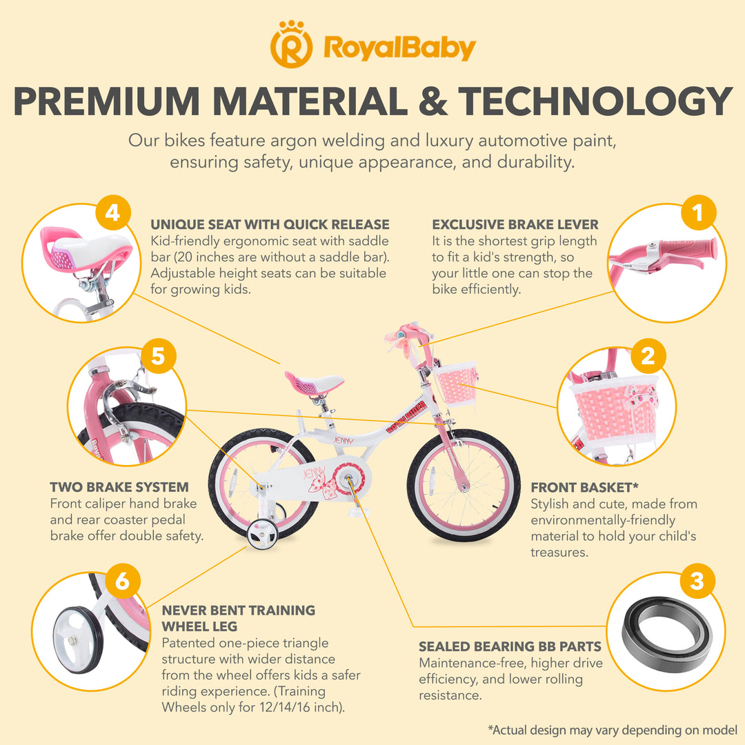 RoyalBaby Princess Kids Bicycle 14" Training Wheels, Jenny/White Pink (Open Box) - VMInnovations