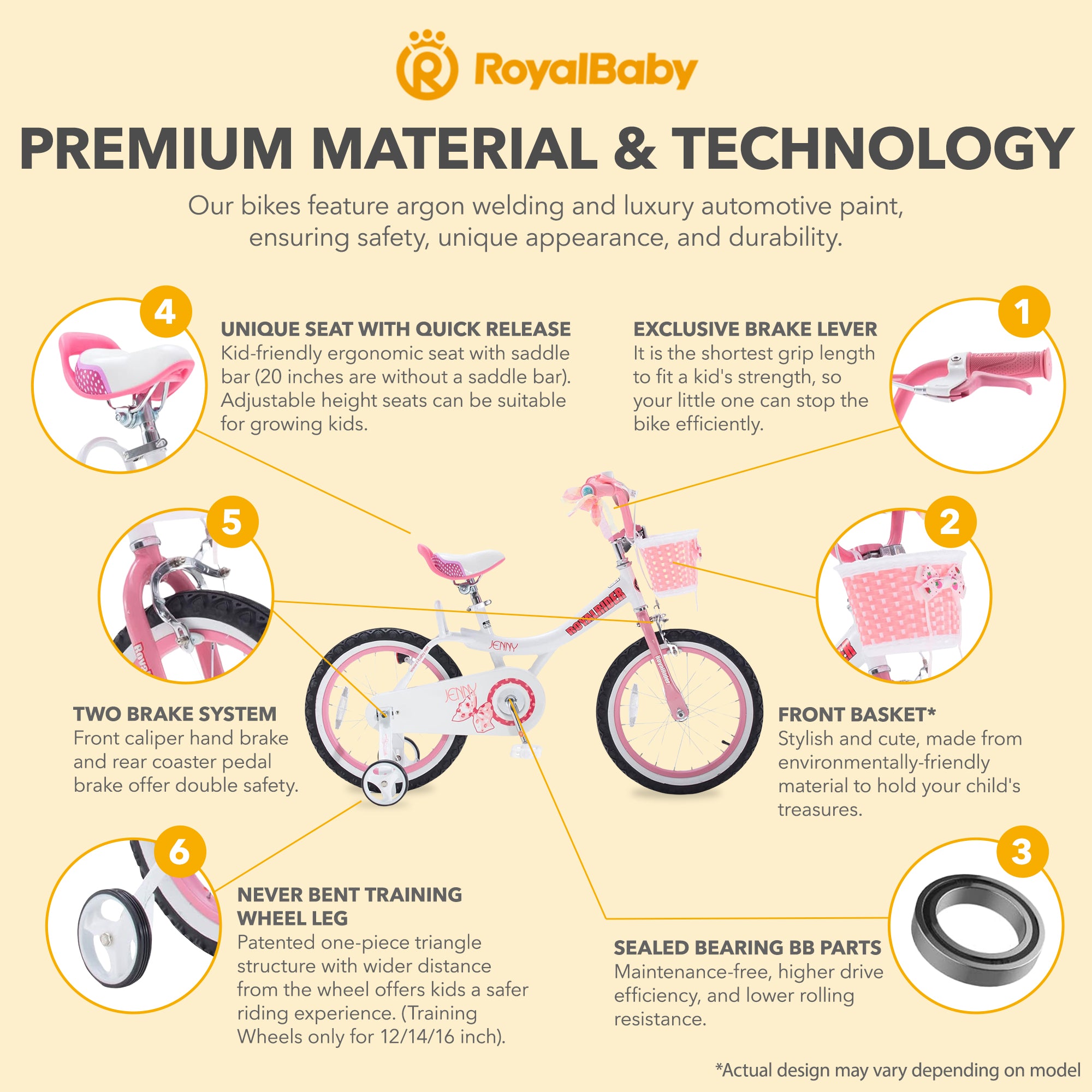 RoyalBaby Princess Kids Bicycle 14" Training Wheels, Jenny/White Pink (Open Box) - VMInnovations