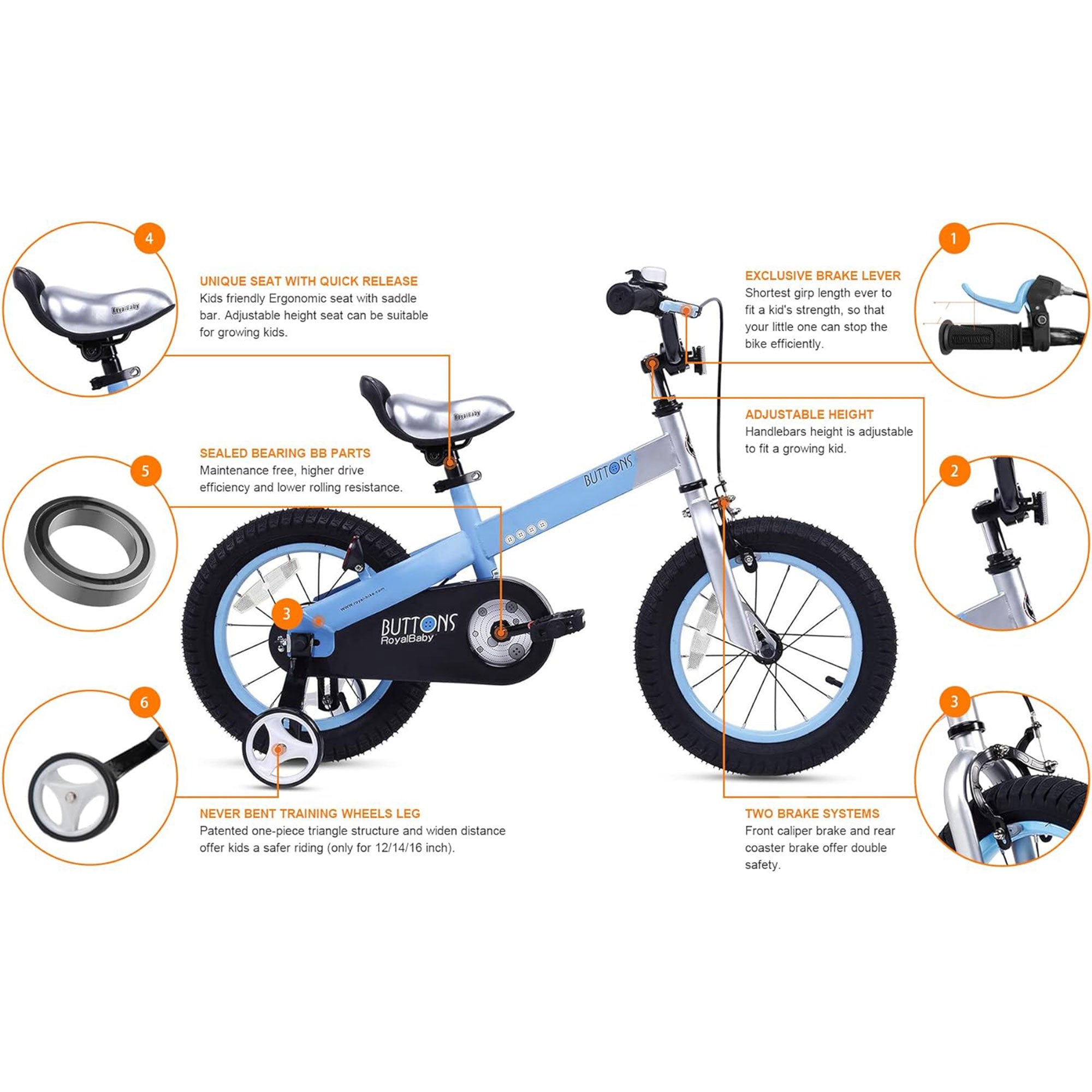 RoyalBaby Buttons 14 Inch Kids Bike with Training Wheels and Coaster Brake, Blue - VMInnovations