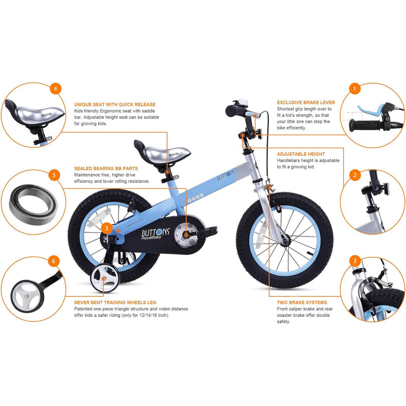 RoyalBaby Buttons 14" Kids Bike w/Training Wheels & Coaster Brake,Blue(Open Box)