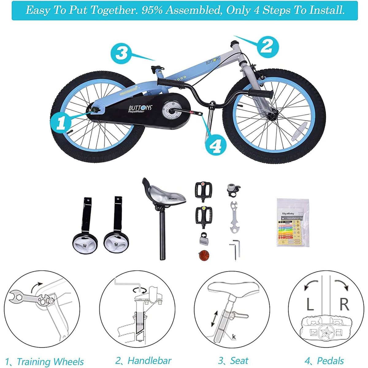 RoyalBaby Buttons 14" Kids Bike w/Training Wheels & Coaster Brake,Blue(Open Box)