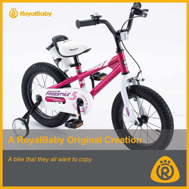 RoyalBaby Freestyle 16 Inch Kids Bike with Training Wheels & Kickstand, Fuchsia