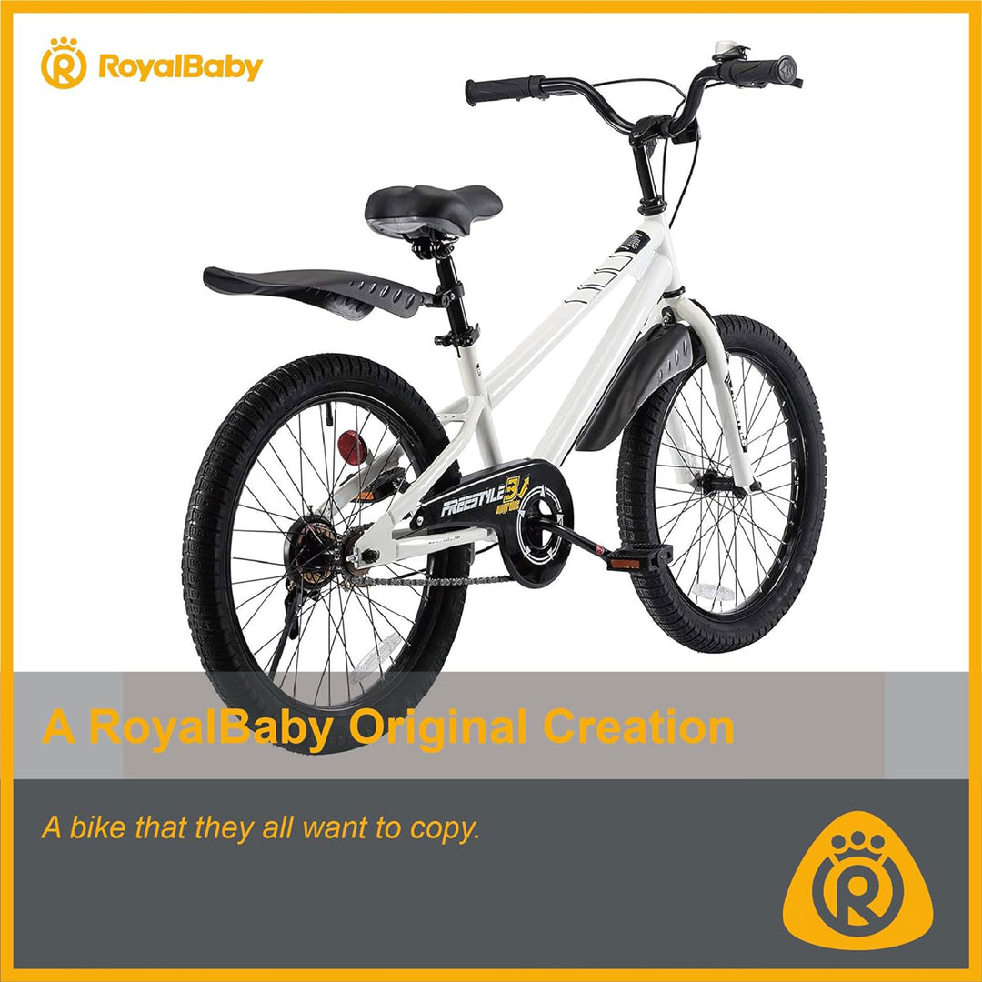 RoyalBaby Freestyle 20 Inch Kids Bicycle with Kickstand and Water Bottle, White - VMInnovations