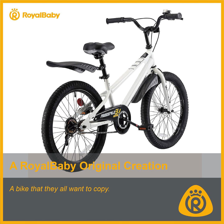 RoyalBaby Freestyle 20 Inch Kids Bicycle with Kickstand and Water Bottle, White - VMInnovations