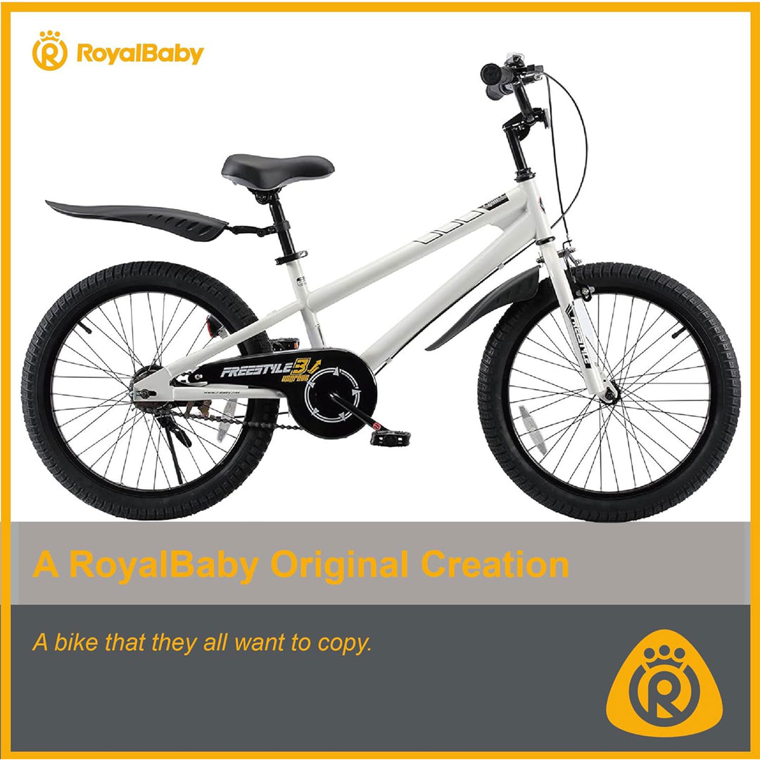 RoyalBaby Freestyle 20 Inch Kids Bicycle with Kickstand and Water Bottle, White - VMInnovations