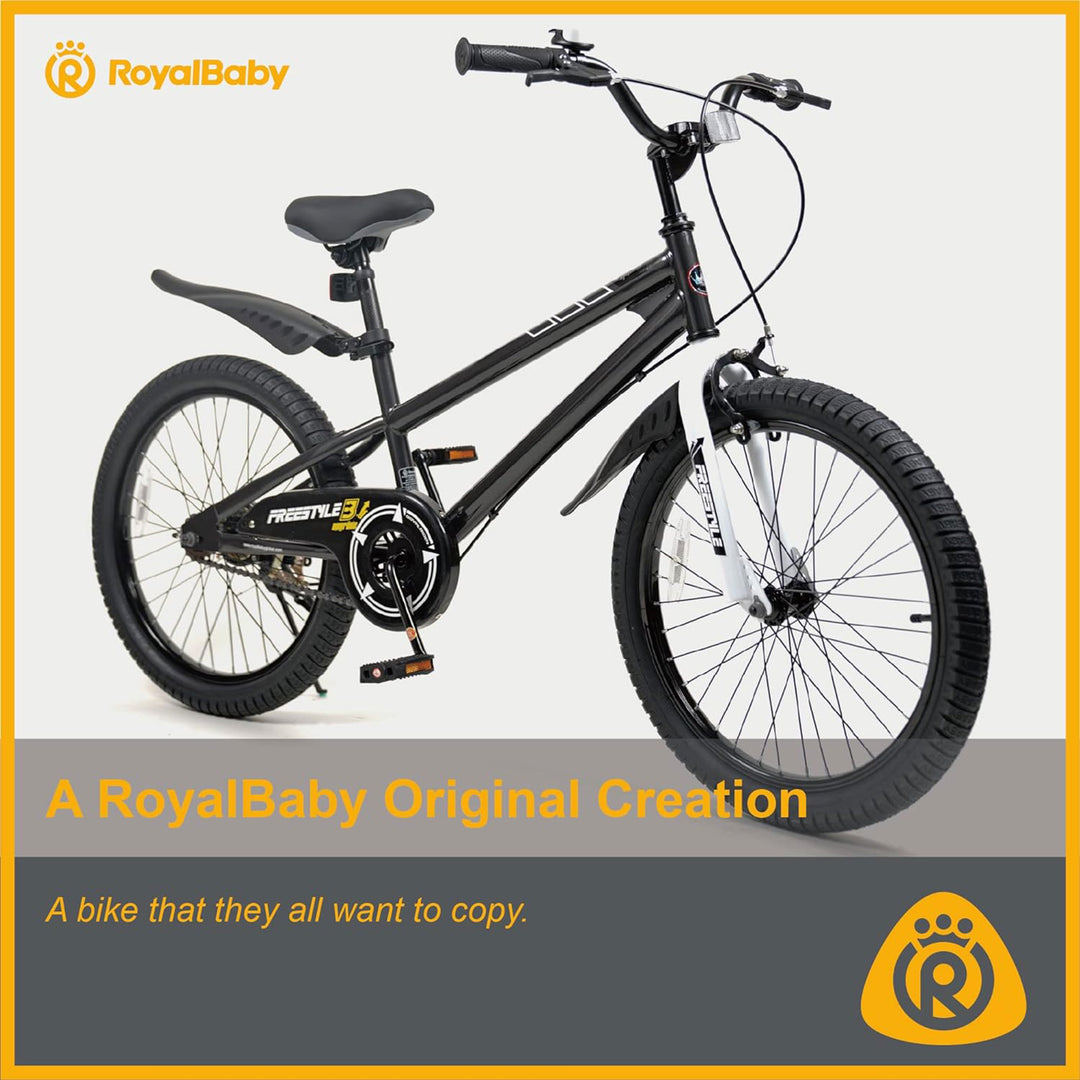 RoyalBaby Freestyle 20 Inch Kids Bicycle with Kickstand and Water Bottle, Black - VMInnovations