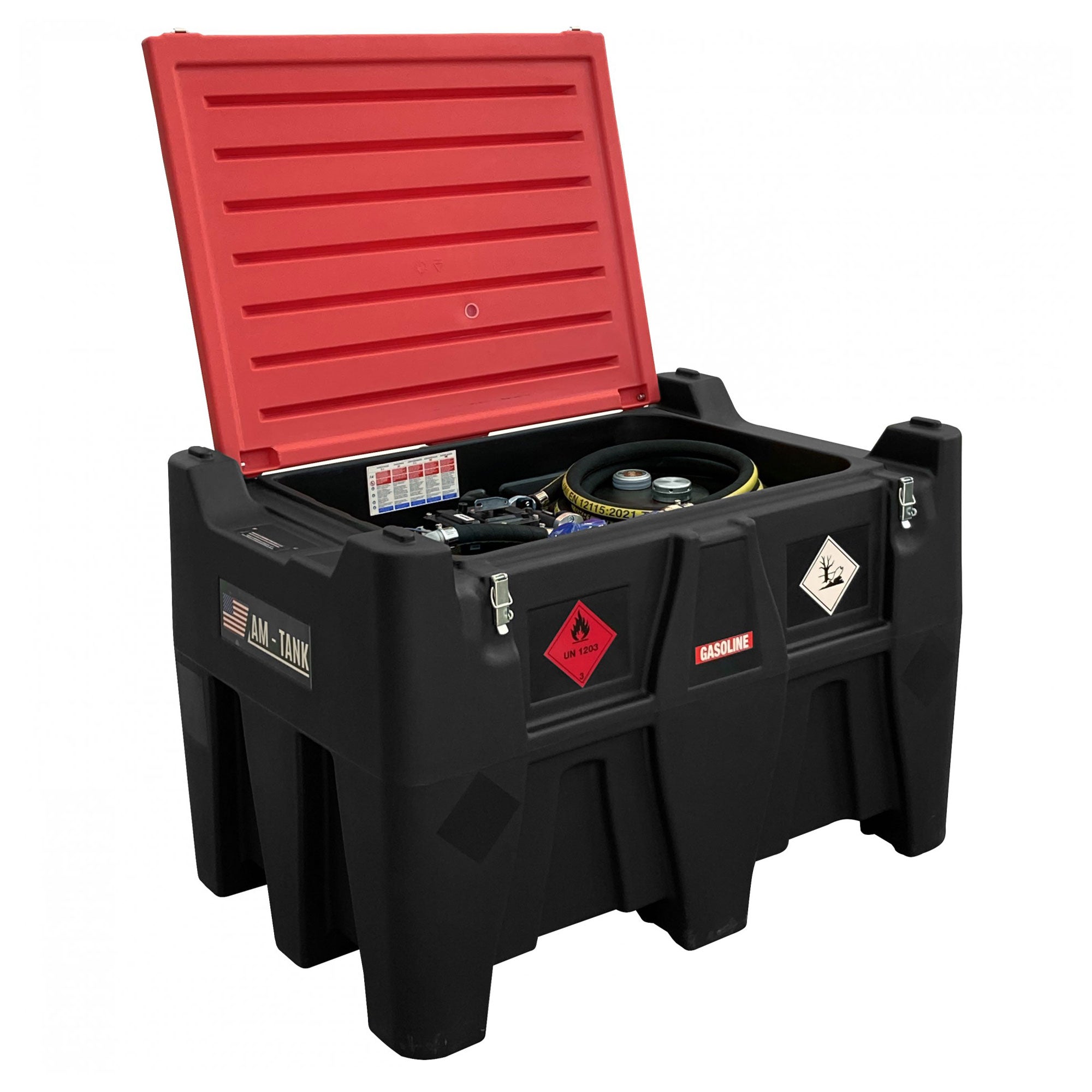AM-TANK 116 Gallon Gasoline & Diesel Fuel Tank with 12 Volt Pump & Covering Lid - VMInnovations